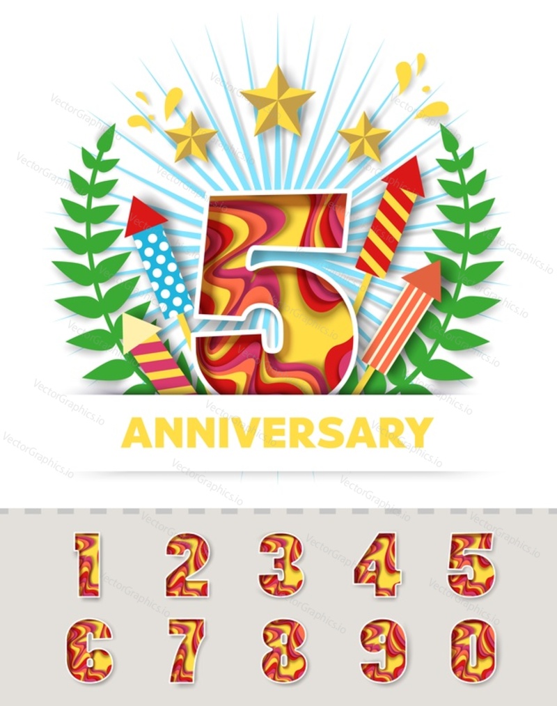 5th anniversary invitation greeting card vector template. Laurel wreath, party celebration items such as firework crackers, stars and layered paper cut style numerals from 0 to 9.