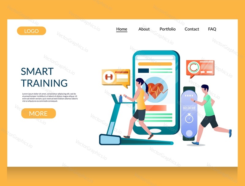 Smart training vector website template, web page and landing page design for website and mobile site development. Smart workout with fitness tracker mobile app, smartwatch bracelet.