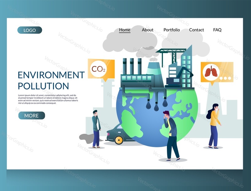 Environment pollution vector website template, web page and landing page design for website and mobile site development. People choking with toxic smoke dust and carbon dioxide gas. Ecology concept.