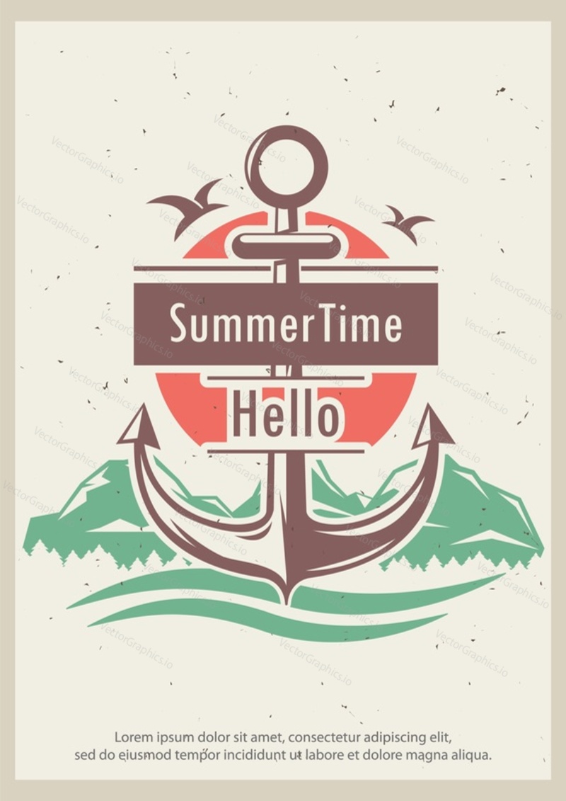 Hello summer time grunge typography poster design template, vector illustration in retro style. Cruise, sea voyage, yacht trip concept for banner, flyer.