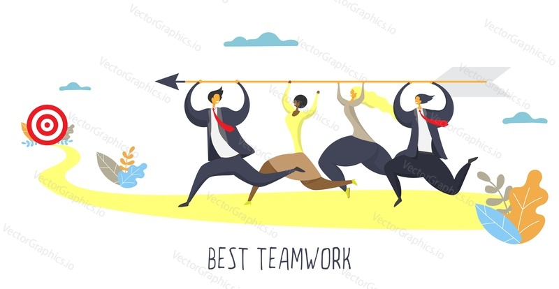 Best teamwork poster banner design template. Vector flat style design illustration. Business team cartoon characters running together with arrow in their raised hands aiming at target.