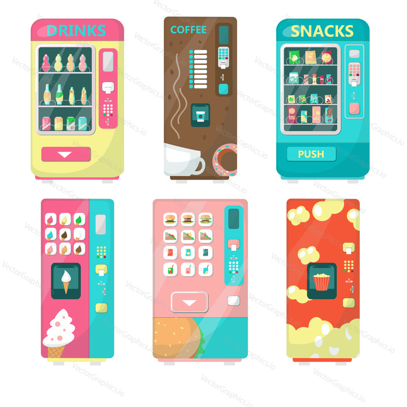 Automatic vending machine set with food and beverages vector flat isolated illustration. Cold soft drinks, snacks, fast food, ice cream, coffee, popcorn retail.