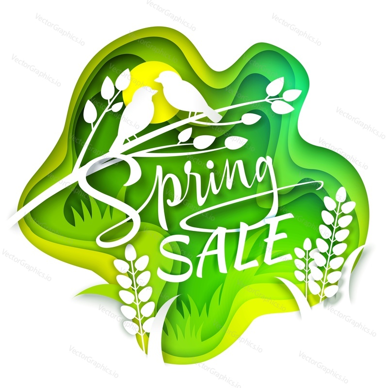Spring sale vector layered paper cut style illustration. Beautiful seasonal composition of green foliage, white birds sitting on branch, yellow sun and Spring sale creative hand lettering typography.