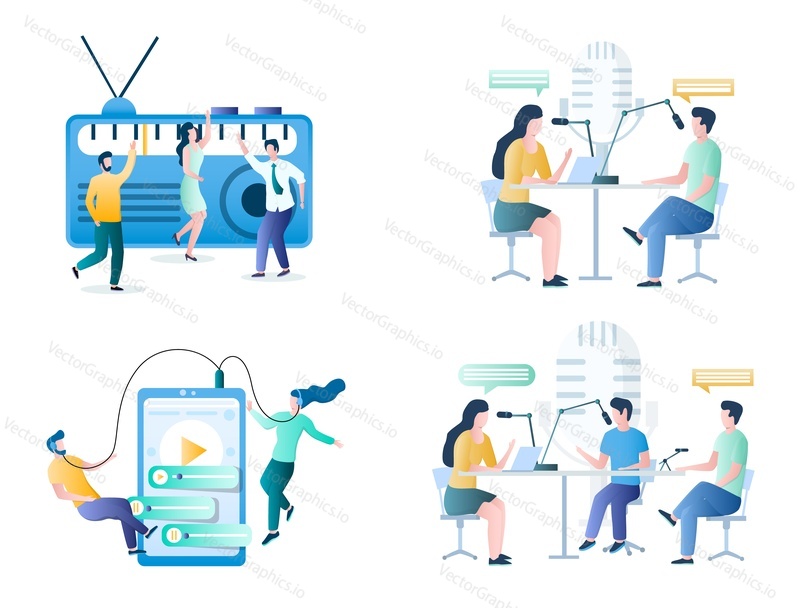 Internet radio, vector illustration set isolated on white background. Online radio, podcast making and listening concept for website page, web banner etc.