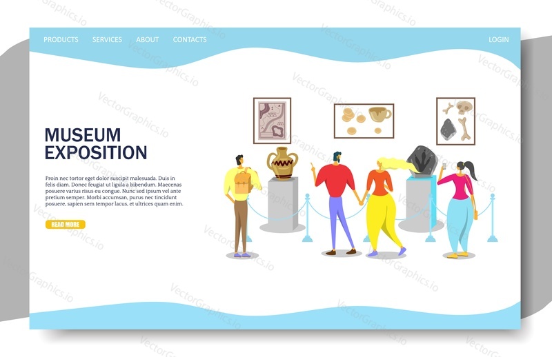 Векторный шаблон веб-сайта музейной экспозиции, дизайн веб-страницы и целевой страницы для разработки веб-сайтов и мобильных сайтов. Посетители исторического музея осматривают коллекцию древних артефактов.