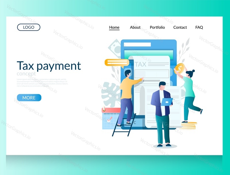 Tax payment vector website template, web page and landing page design for website and mobile site development. Pay taxes online concept with characters.