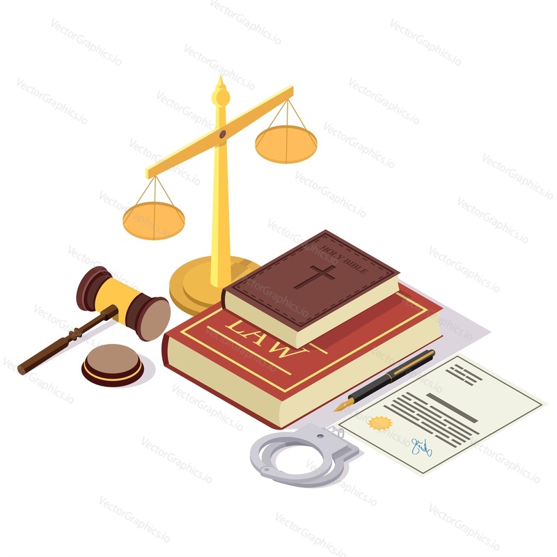 Композиция закона и справедливости, векторная иллюстрация. Изометрические юридические символы Книга законов, Библия, весы правосудия, молоток, наручники и т.д.
