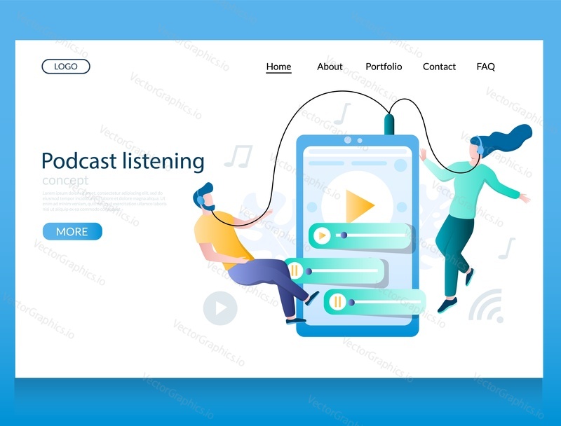 Podcast listening vector website template, web page and landing page design for website and mobile site development. Man and woman in earphones listening to podcasts via smartphone.
