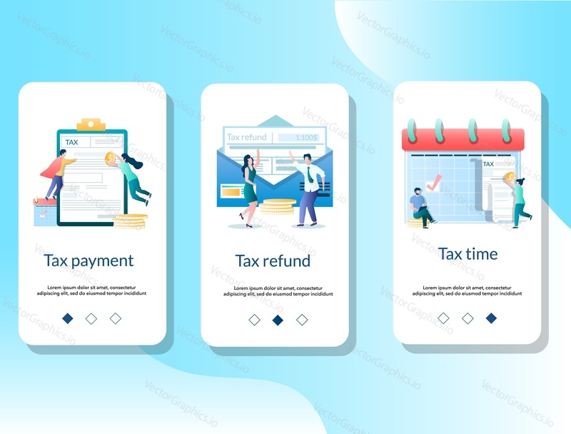 Tax payment, refund and tax time mobile app onboarding screens. Menu banner vector template for website and application development. Taxes and taxation.