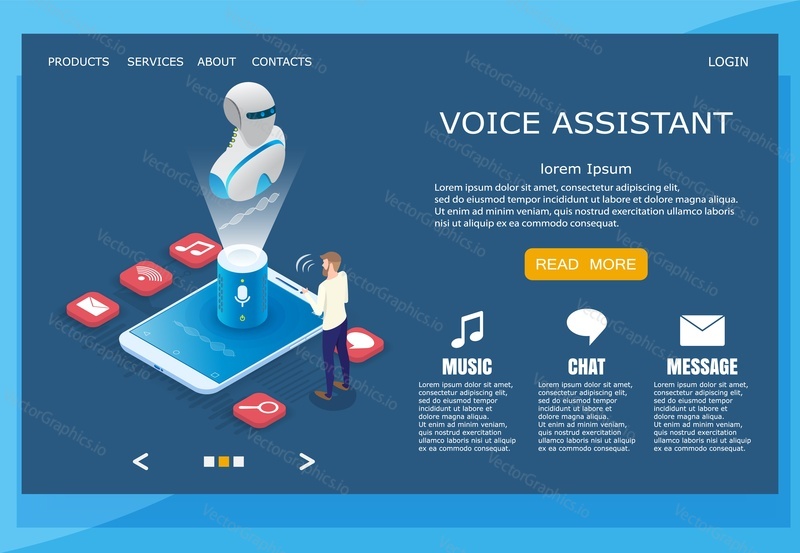 Voice assistant vector website template, web page and landing page design for website and mobile site development. Voice-controlled intelligent personal assistant concept.