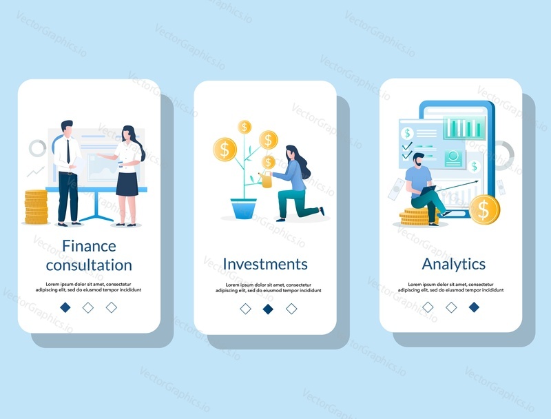Finance consultation, Investments, Analytics mobile app onboarding screens. Menu banner vector template for website and application development.