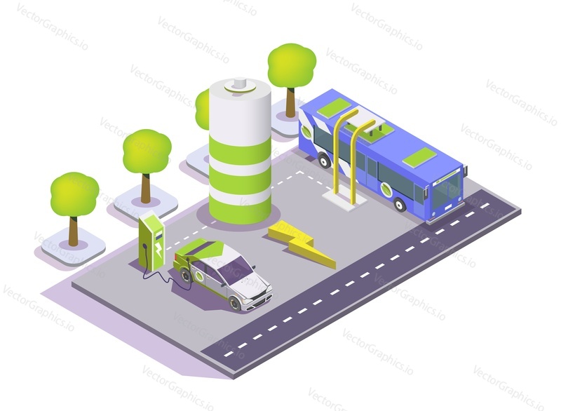Electric vehicle charging station, electromobile and city public bus, vector flat isometric illustration. Electric refueling, eco transport.