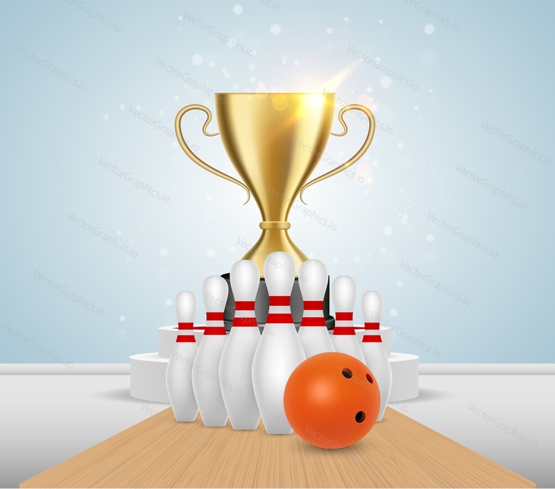 Bowling game tournament winner poster template. Vector realistic illustration of bowling ball, alley, skittles and gold trophy cup standing on white podium.