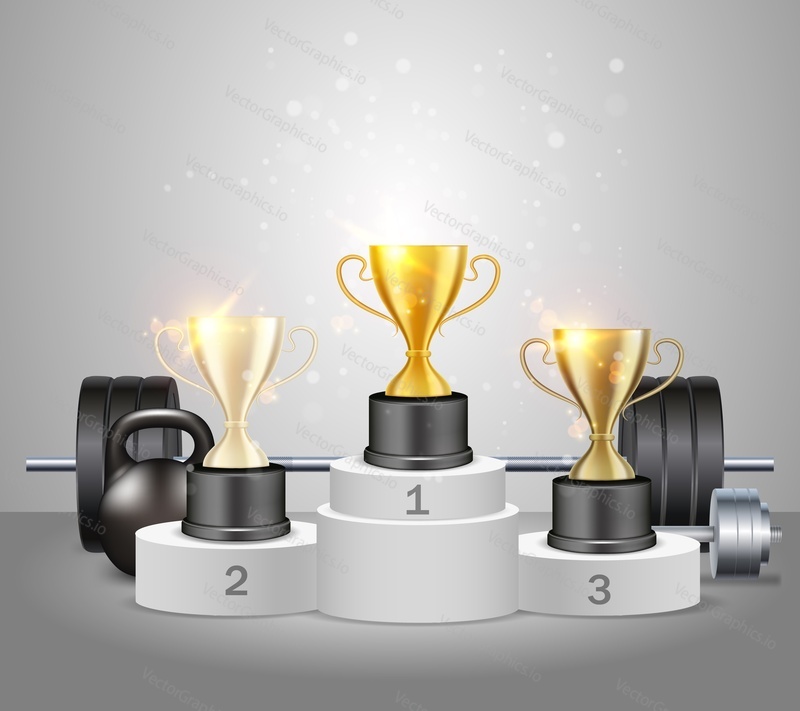 Powerlifting challenge, vector realistic illustration. Gold, silver and bronze trophy cups on white podium. Winner awards on victory pedestal and gym equipment barbell, dumbbell and kettlebell.