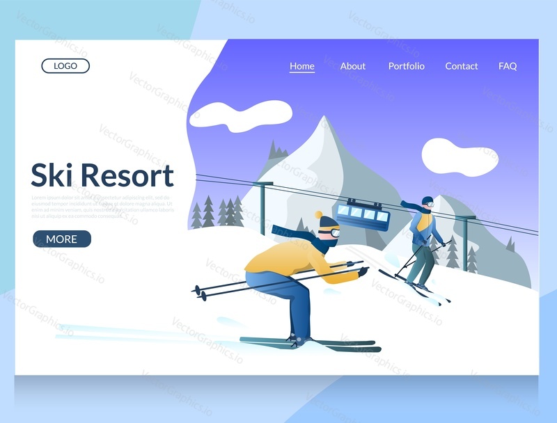 Векторный шаблон веб-сайта горнолыжного курорта, дизайн веб-страницы и целевой страницы для разработки веб-сайтов и мобильных сайтов. Катание на лыжах, сноуборде и другие зимние виды спорта.