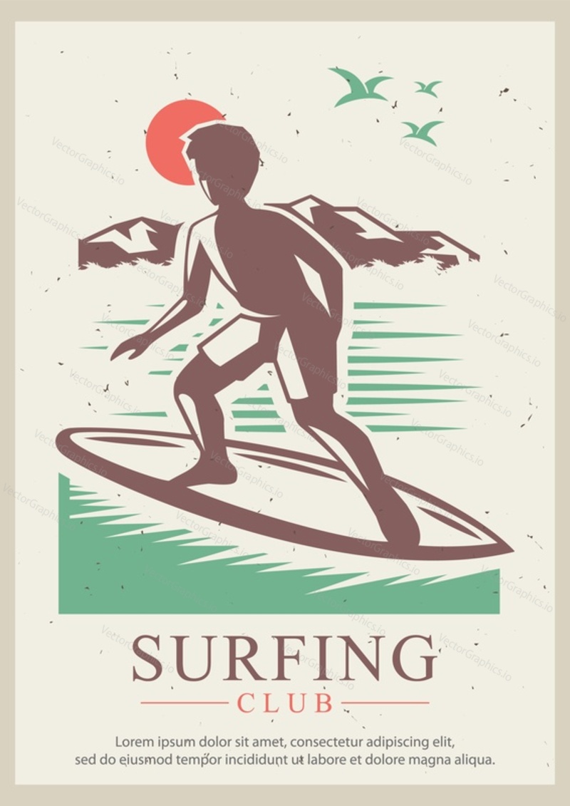 Surfing club grunge typography poster design template, vector illustration in retro style. Surf school, beach water activity concept for banner, flyer.
