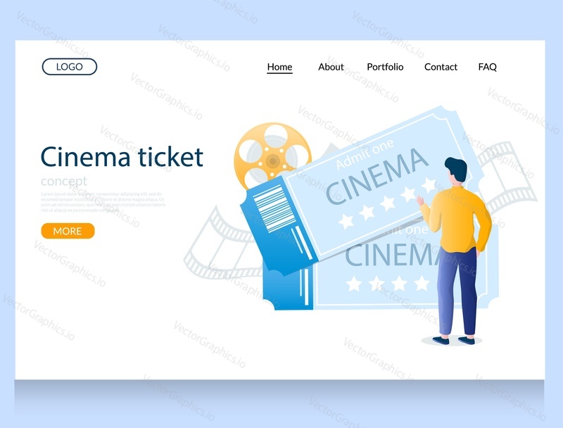 Cinema ticket vector website template, web page and landing page design for website and mobile site development.