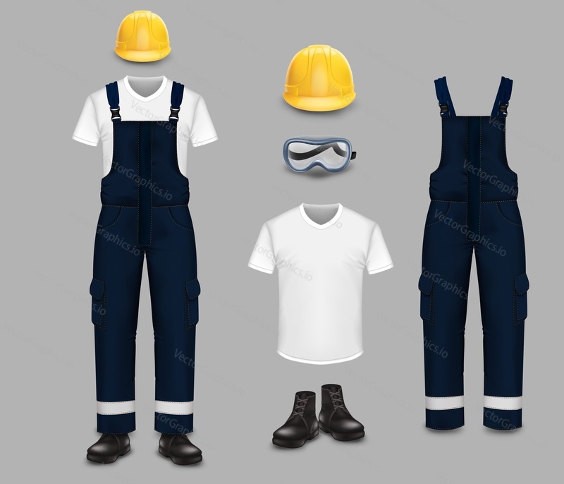 Professional work wear and uniform set, vector isolated illustration. Realistic protective coverall with reflective stripes, t-shirt, boots, safety goggles and yellow helmet.