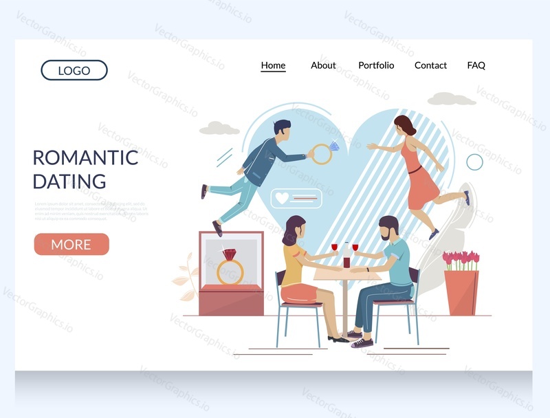 Romantic dating vector website template, web page and landing page design for website and mobile site development. Marriage proposal, romantic dinner.