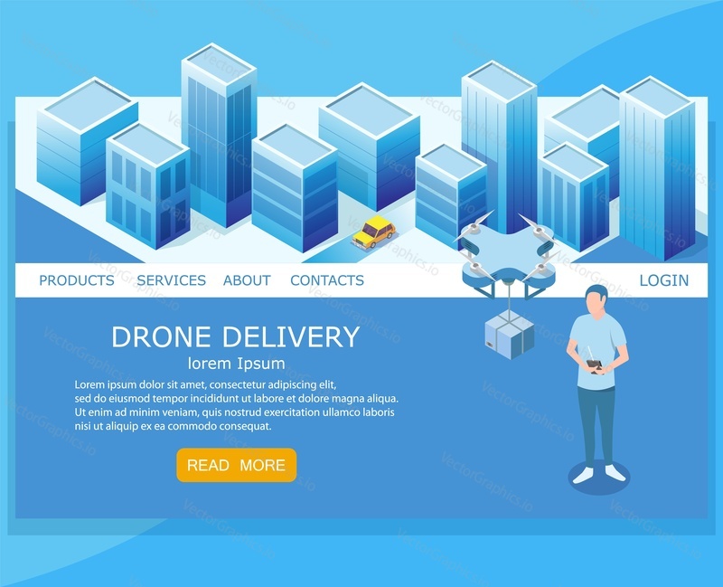 Drone delivery vector website template, web page and landing page design for website and mobile site development. Isometric delivery quadcopter with parcel controlled remotely.