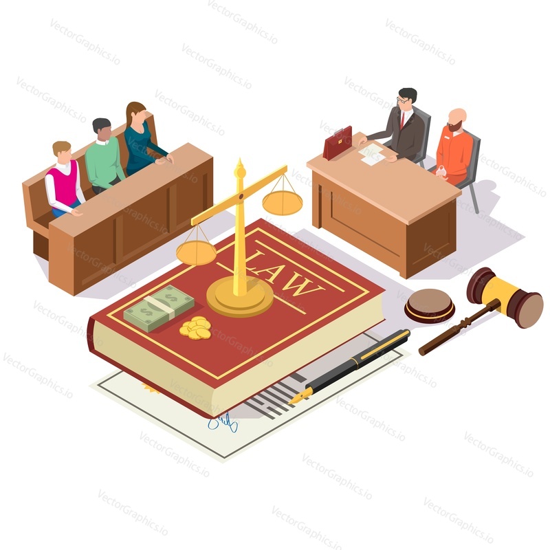 Law and Justice composition, vector illustration. Criminal trial in courtroom with isometric jury, defendant and attorney for defence characters, Law book, scales of justice, money, gavel.