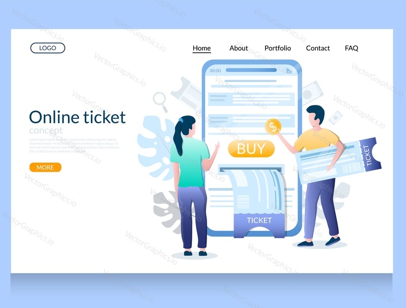 Online ticket vector website template, web page and landing page design for website and mobile site development. Huge smartphone and tiny characters buying cinema, theater or concert tickets online.
