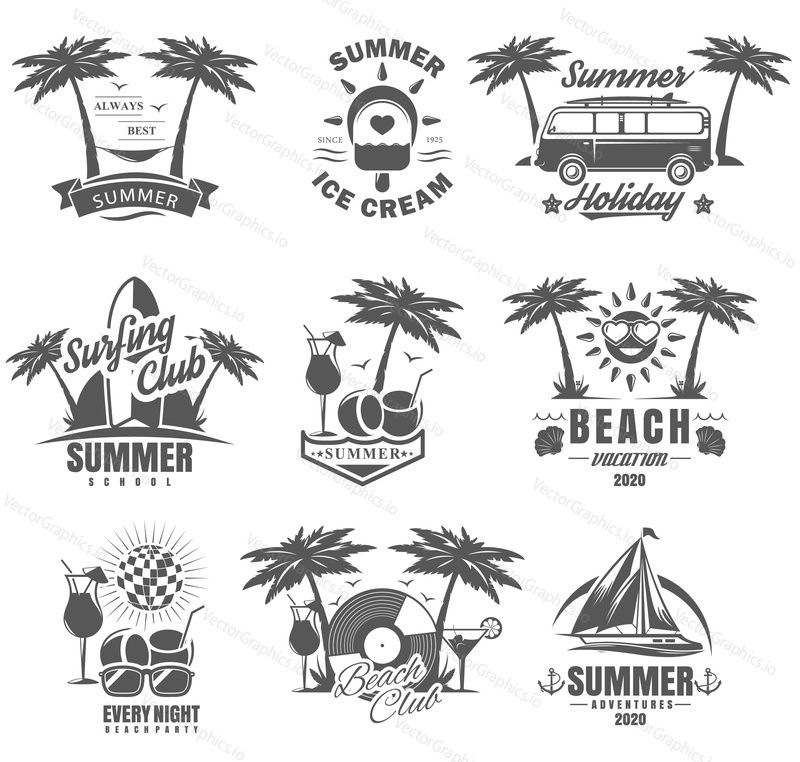 Vector set of summer adventure, beach vacation, night party, surfing vintage logos, emblems, labels and badges. Black and white monochrome illustration in retro style.