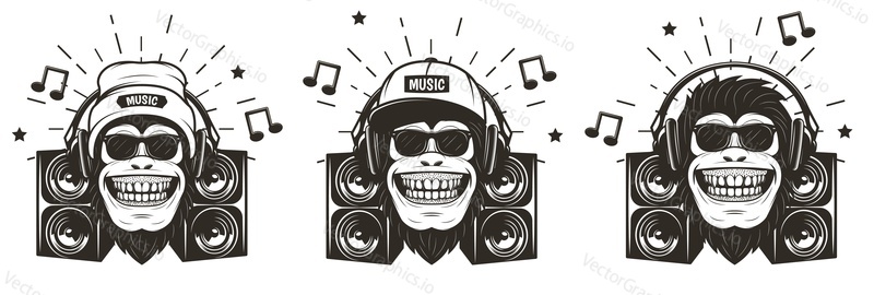 Cool music monkey with headphones set, vector sketch illustration isolated on white background. Funny monkey in sunglasses listening to music. T-shirt graphics.