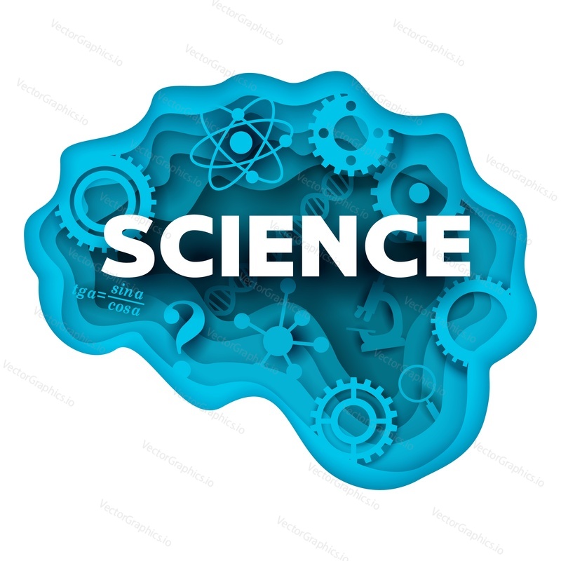 Science vector concept illustration in paper art modern craft style. Creative layered paper cut human brain with gears and biology, physics, mathematics symbols inside.