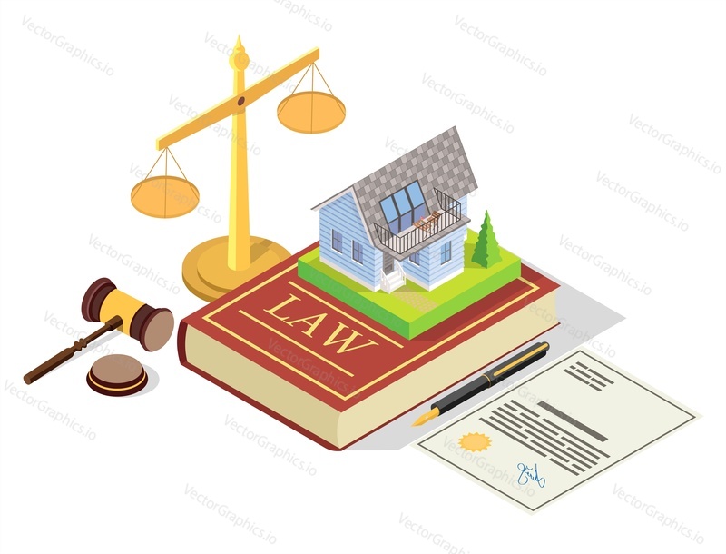 Векторная концептуальная иллюстрация закона о недвижимости. Изометрические юридические символы Юридическая книга с недвижимостью дома, весы правосудия, судейский молоток. Композиция имущественного права для веб-баннера, страницы веб-сайта и т.д.