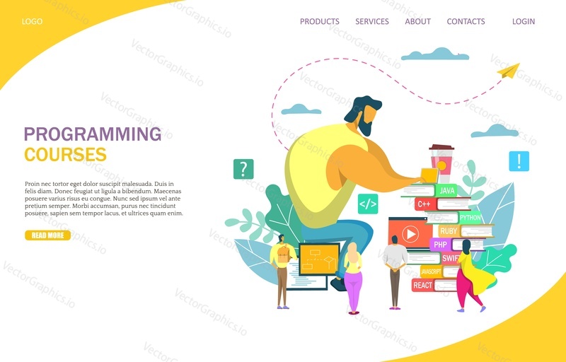 Programming courses vector website template, web page and landing page design for website and mobile site development. Coding, online programming education.