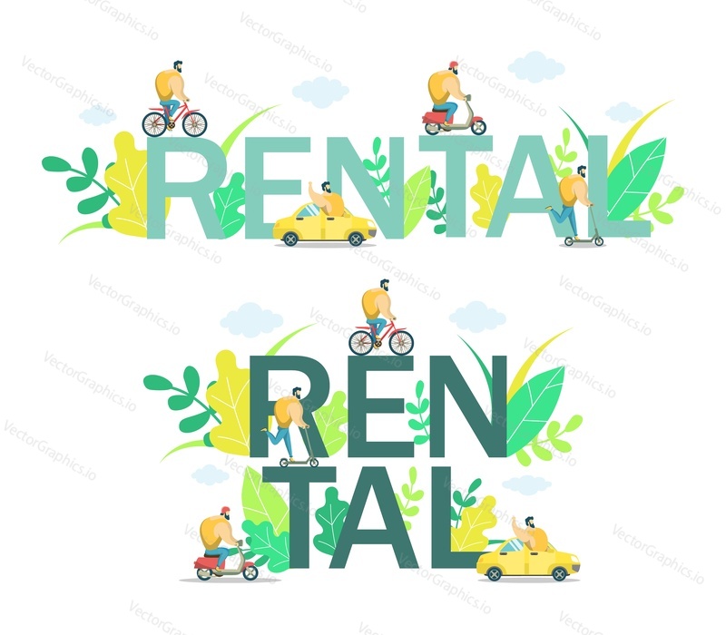 Rental word in capital letters with men riding electric scooter, bicycle, push scooter and driving car. Vector flar style design illustration. City transport for rent concept.