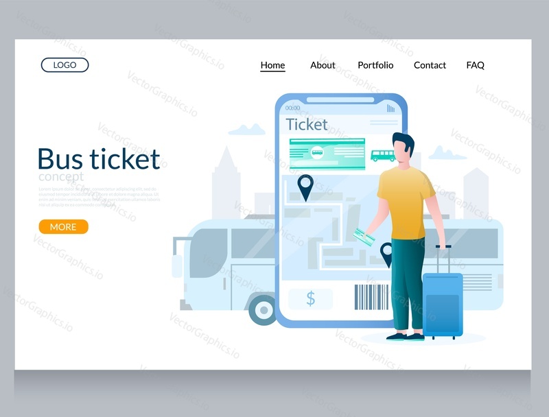 Bus ticket vector website template, web page and landing page design for website and mobile site development. Traveler man buying bus ticket online using smartphone.