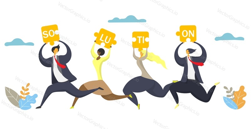 Business solution poster banner design template. Vector flat style design illustration. Business team cartoon characters running together with solution jigsaw puzzles in raised hands.