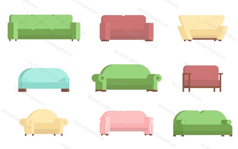 Sofa icon set, vector flat illustration isolated on white background. Different types of comfortable couches for every living room.