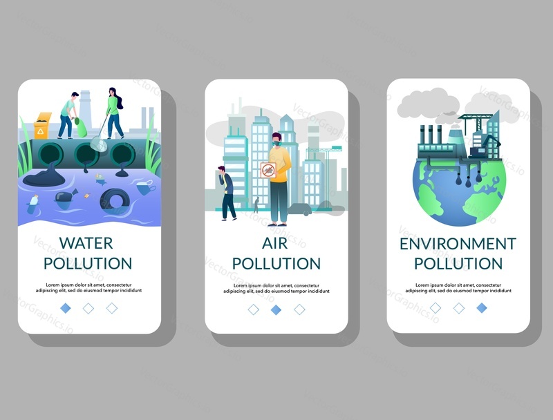 Water, air and environment pollution mobile app onboarding screens. Menu banner vector template for website and application development.