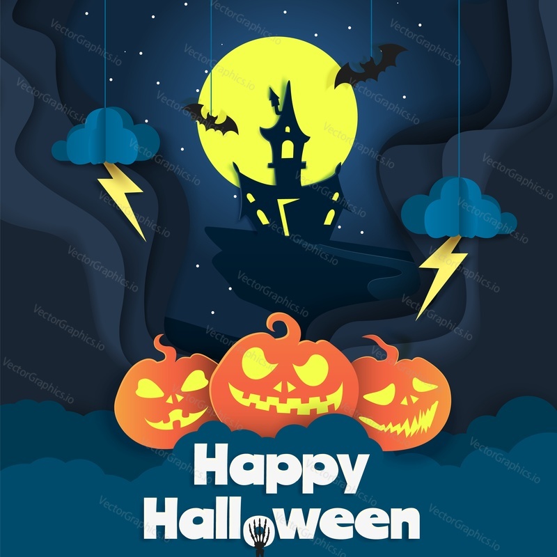 Happy Halloween poster template, vector illustration in paper art modern craft style. Night starry background and Halloween traditional symbols full moon, scary pumpkin, haunted house, flying bats.