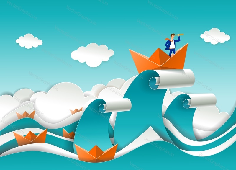 Business leader concept vector poster in paper art origami style. Businessman looking through telescope standing in boat on the top of ocean wave. Business leadership concept.