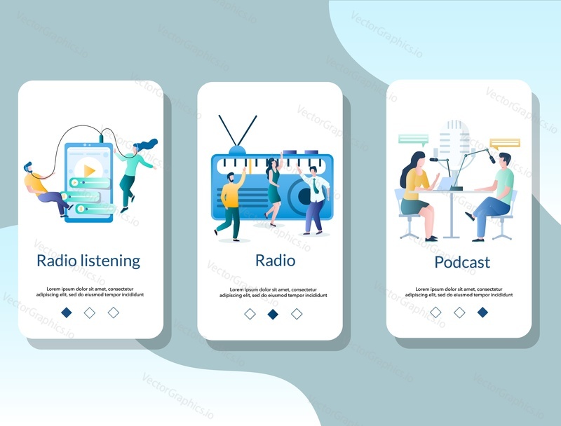 Radio online mobile app onboarding screens. Menu banner vector template for website and application development. Radio listening, podcast making concept.