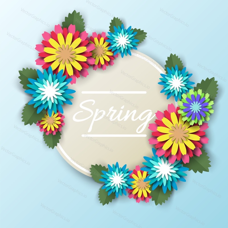 Spring floral round frame, vector illustration in paper art craft style. Beautiful seasonal composition with papercut flowers for card, poster, banner, etc.