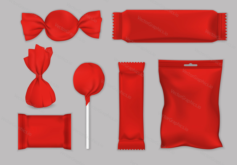 Chocolate and candy packaging mockup set, vector isolated illustration. Realistic red blank plastic foil food snack storage bags, chocolate bar and candy wrappers.