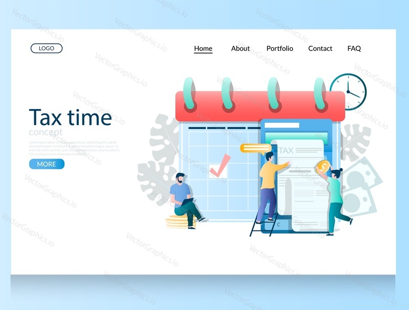 Tax time vector website template, web page and landing page design for website and mobile site development. Tax season concept with huge calendar and tiny characters taxpayers.