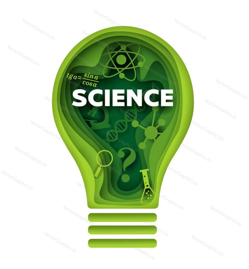 Science vector concept illustration in paper art style. Creative layered paper cut green lamp with chemistry, biology, physics, mathematics symbols inside.