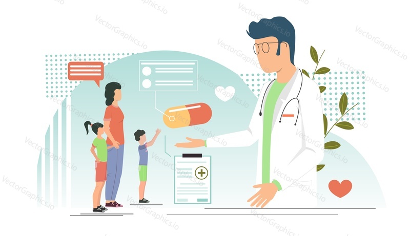 Pediatrician doctor prescribing medicine for kids treatment visiting clinic with their mother, vector illustration. Pediatric checkup, medical prescription concept for web banner, website page etc.