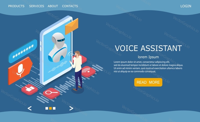 Voice assistant vector website template, web page and landing page design for website and mobile site development. Intelligent personal assistant, virtual assistant, chatbot technology concept.