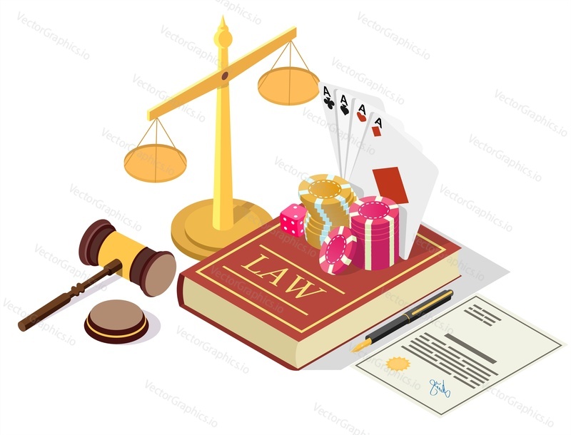 Casino legalization vector concept illustration. Isometric legal symbols Law book with gambling chips, dices, playing cards, scales of justice, judge gavel, gaming license.