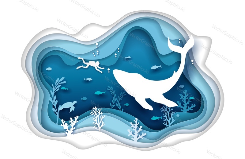 Vector layered paper cut style underwater sea cave with coral reef fish seaweed, aquatic turtle, huge whale and diver silhouettes. Scuba diving concept for web banner, website page etc.