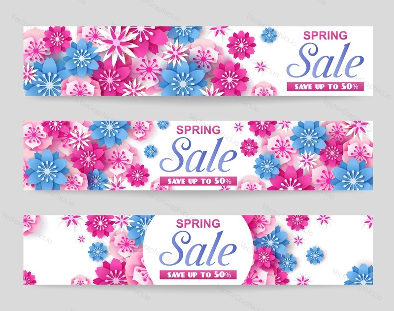 Seasonal spring sale promotion horizontal banner template set. Vector paper cut style floral background for poster, card, flyer, voucher etc.