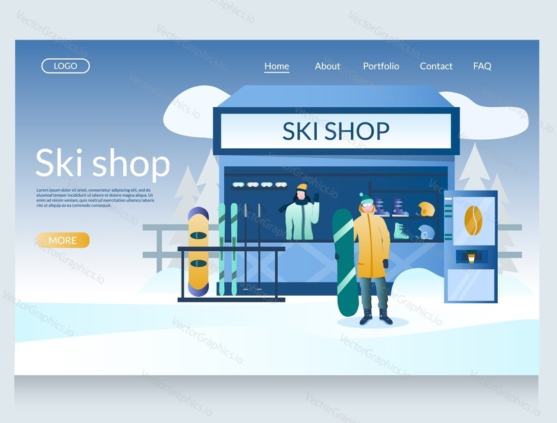 Ski shop vector website template, web page and landing page design for website and mobile site development. Ski and snowboard equipment and gear for sale and rent.