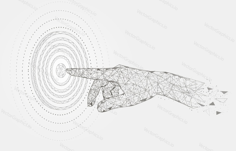 Human hand touching, pointing, targeting low poly wireframe mesh made of points, lines and shapes. Vector polygonal art style illustration. Reach target poster banner template.